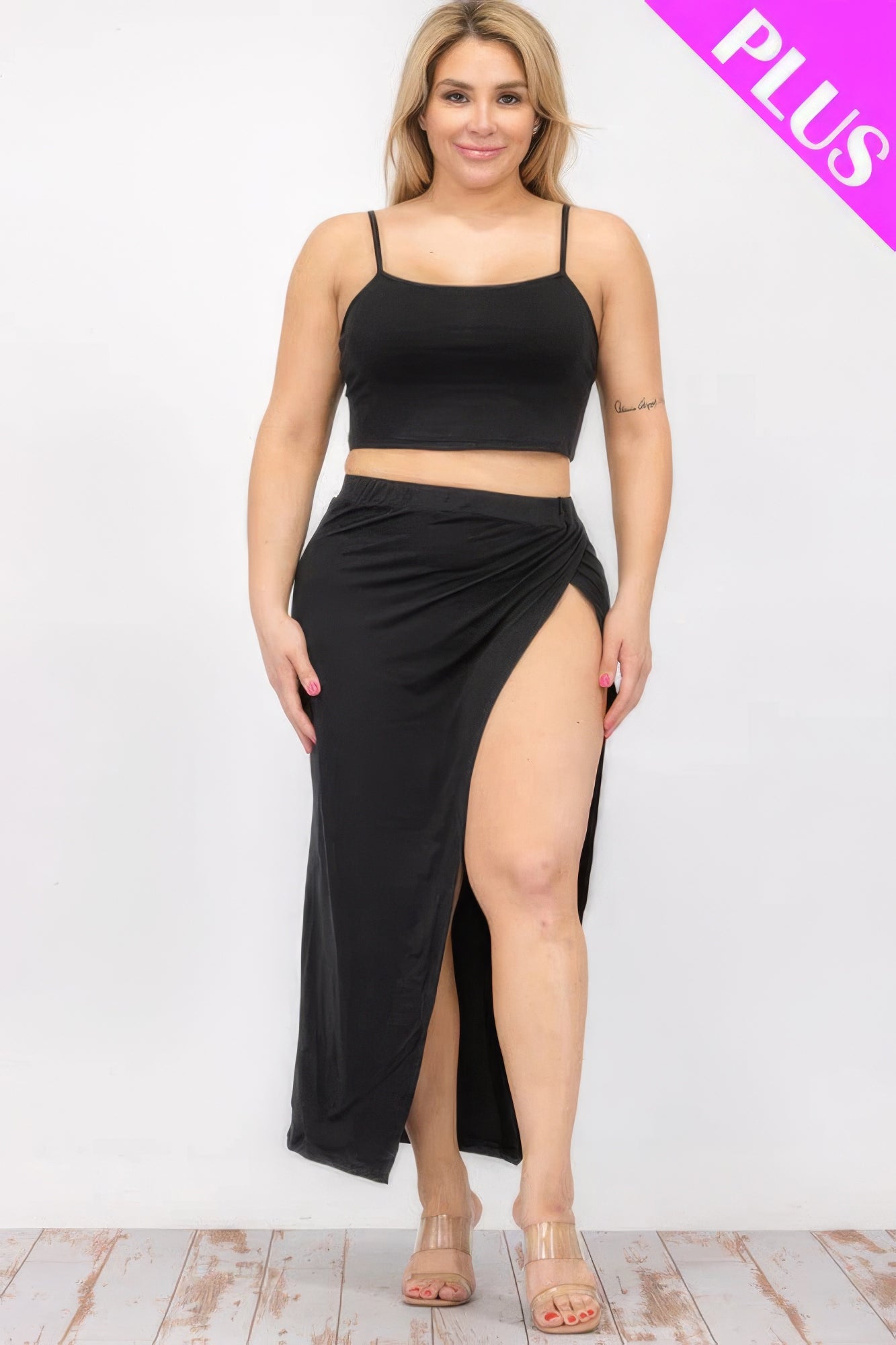Plus Size Crop Cami & Split Thigh Maxi Skirt Set - BaeDrip