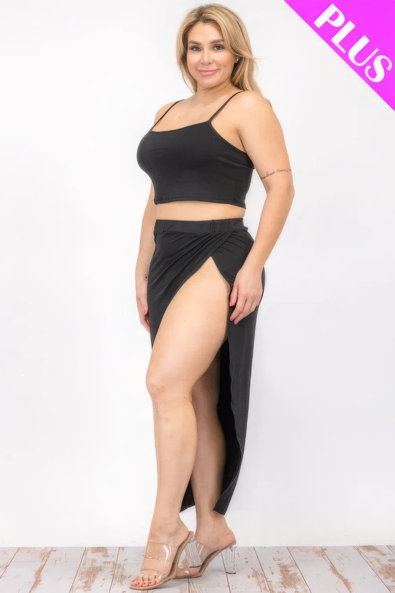 Plus Size Crop Cami & Split Thigh Maxi Skirt Set - BaeDrip