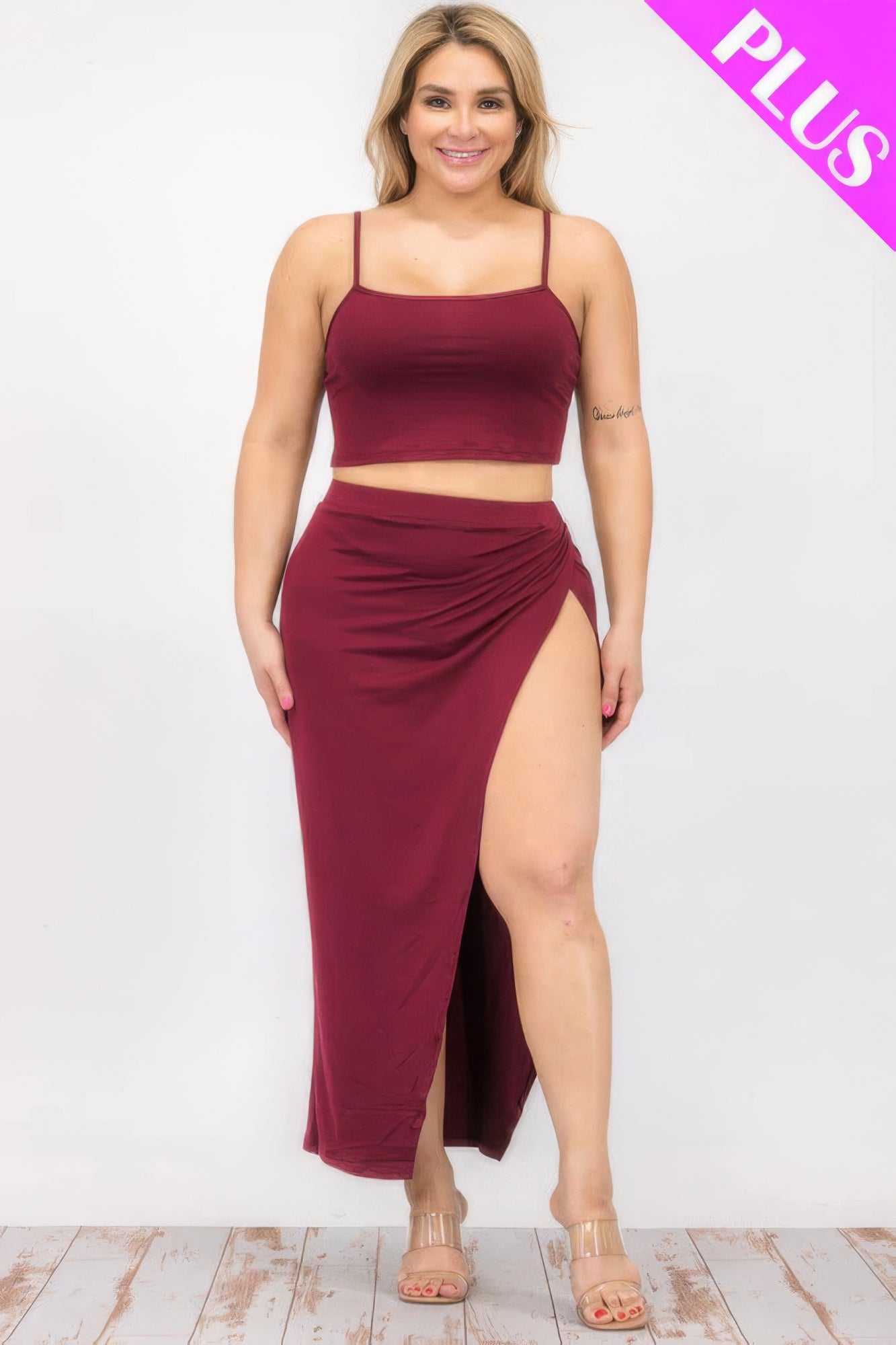 Plus Size Crop Cami & Split Thigh Maxi Skirt Set - BaeDrip
