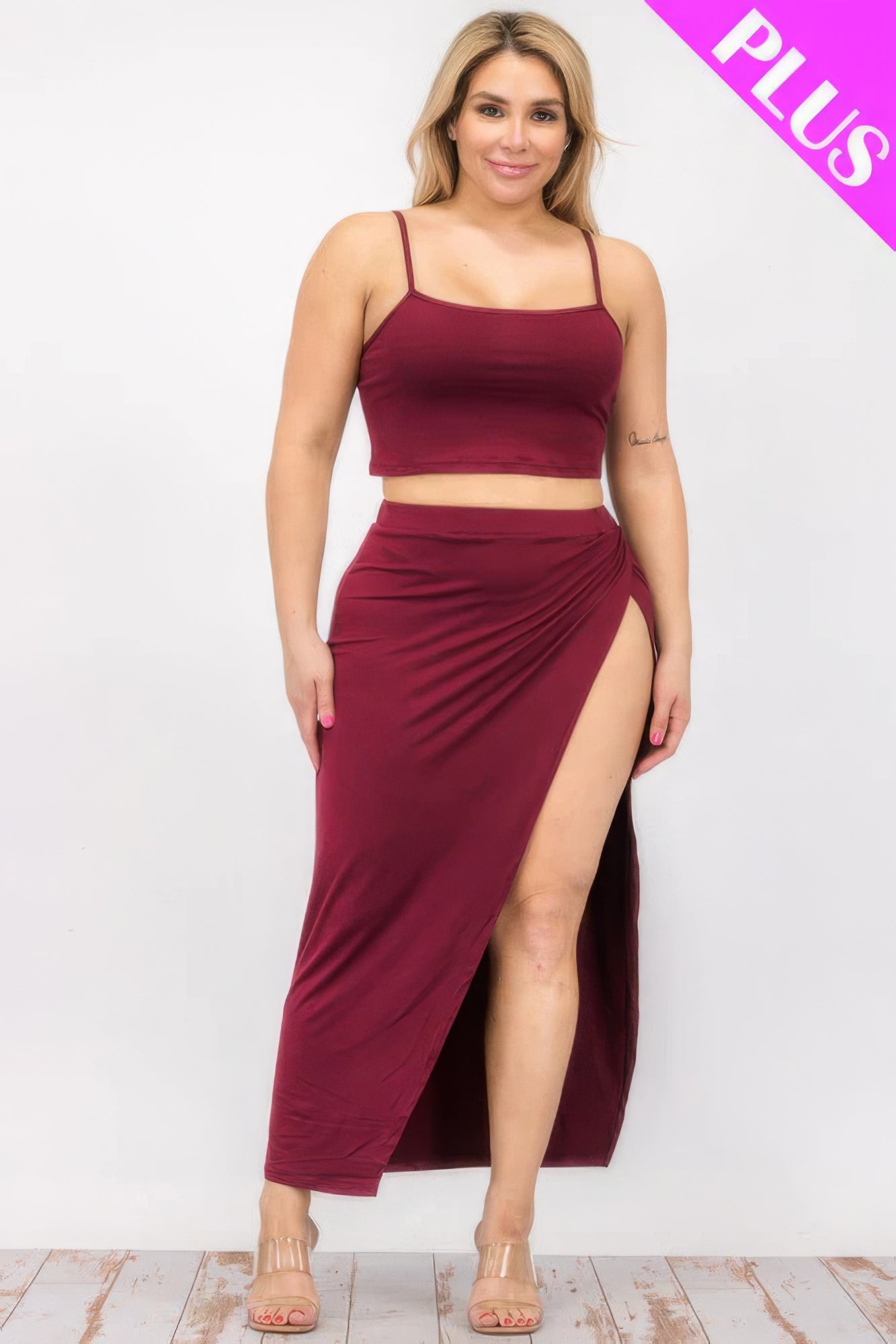 Plus Size Crop Cami & Split Thigh Maxi Skirt Set - BaeDrip