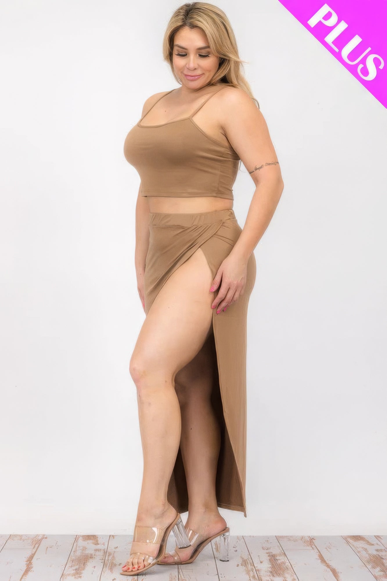 Plus Size Crop Cami & Split Thigh Maxi Skirt Set - BaeDrip