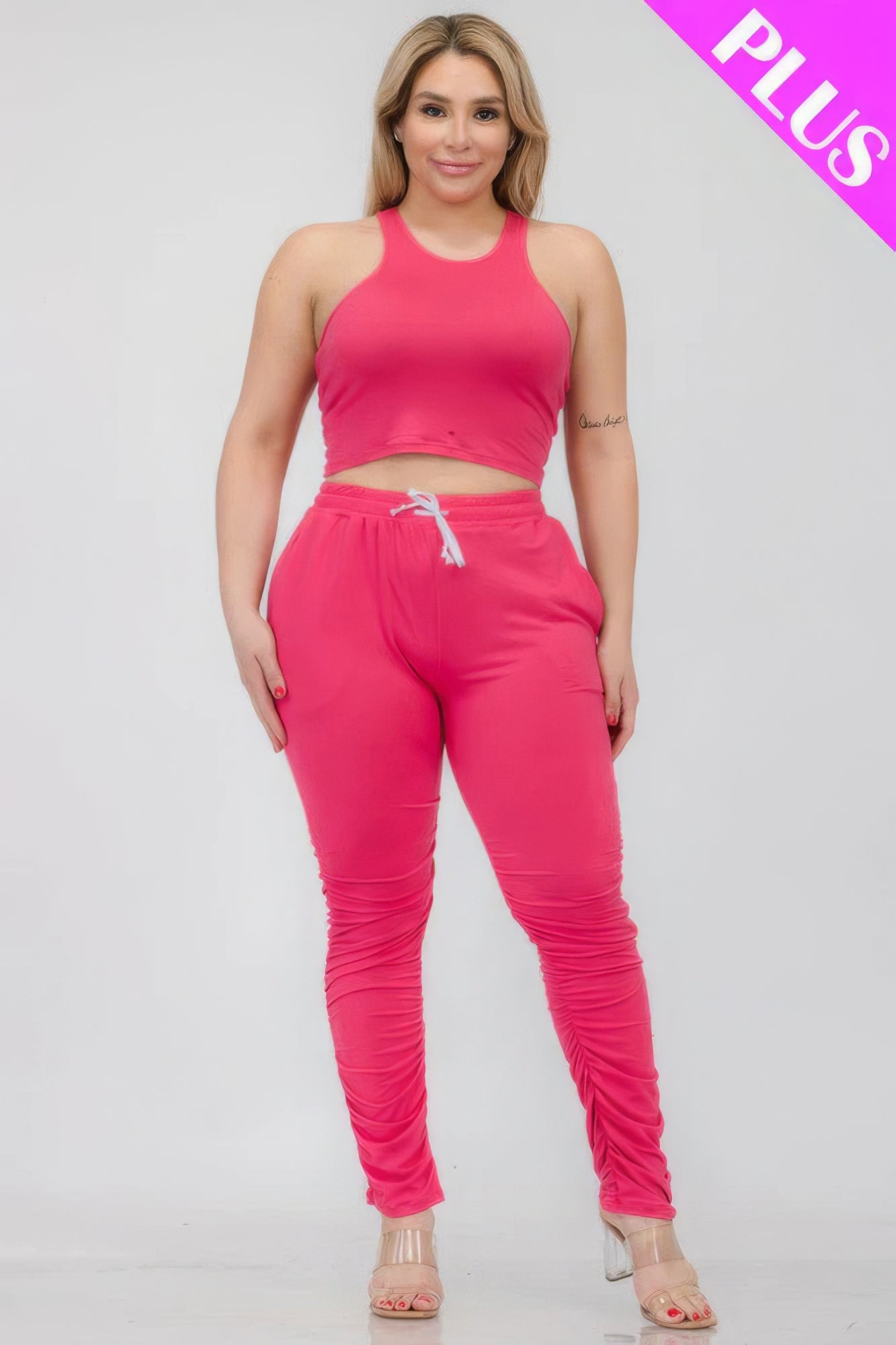 Plus Size Crop Tank Top & Ruched Pants Set - BaeDrip
