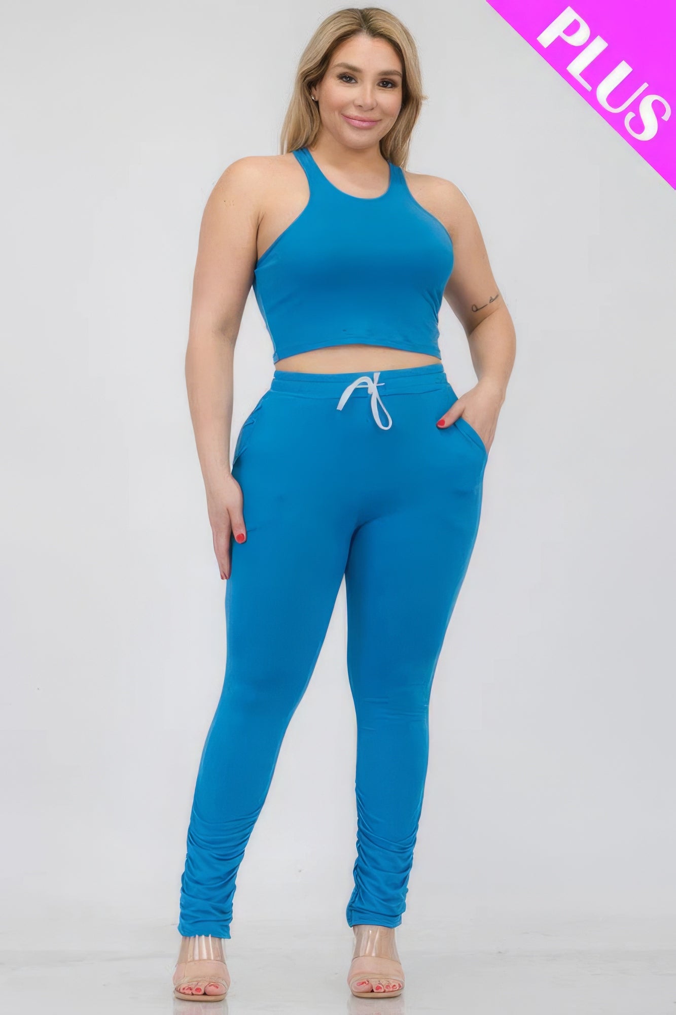 Plus Size Crop Tank Top & Ruched Pants Set - BaeDrip