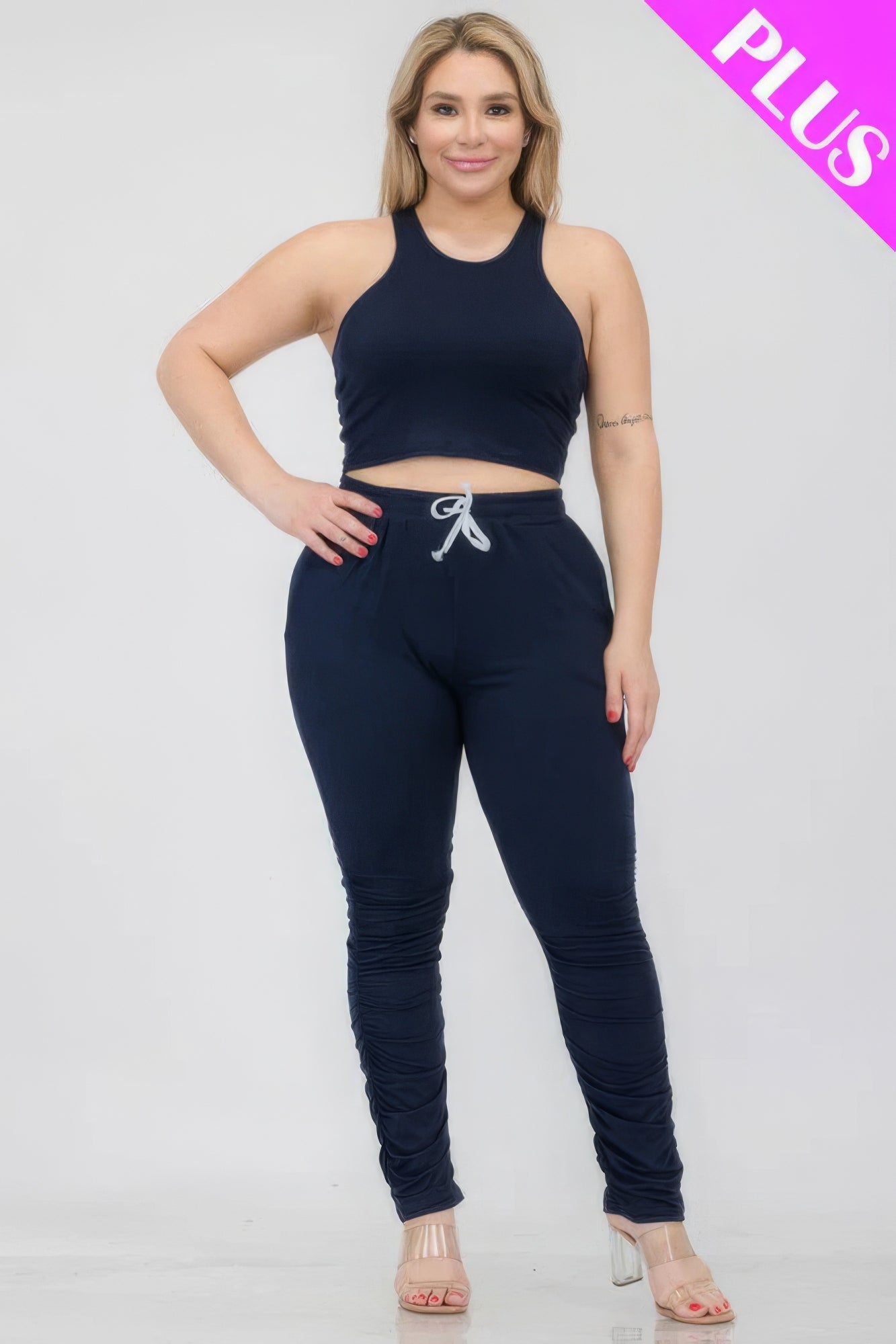 Plus Size Crop Tank Top & Ruched Pants Set - BaeDrip