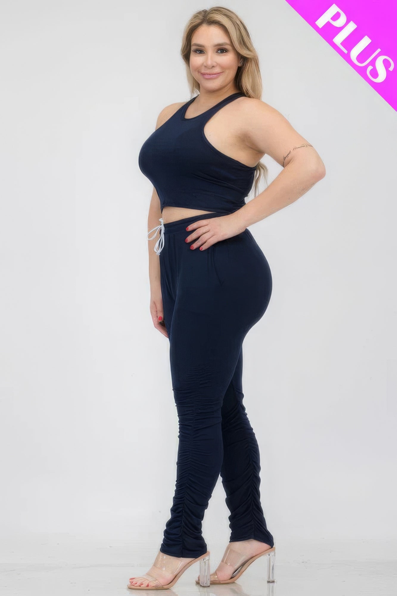 Plus Size Crop Tank Top & Ruched Pants Set - BaeDrip