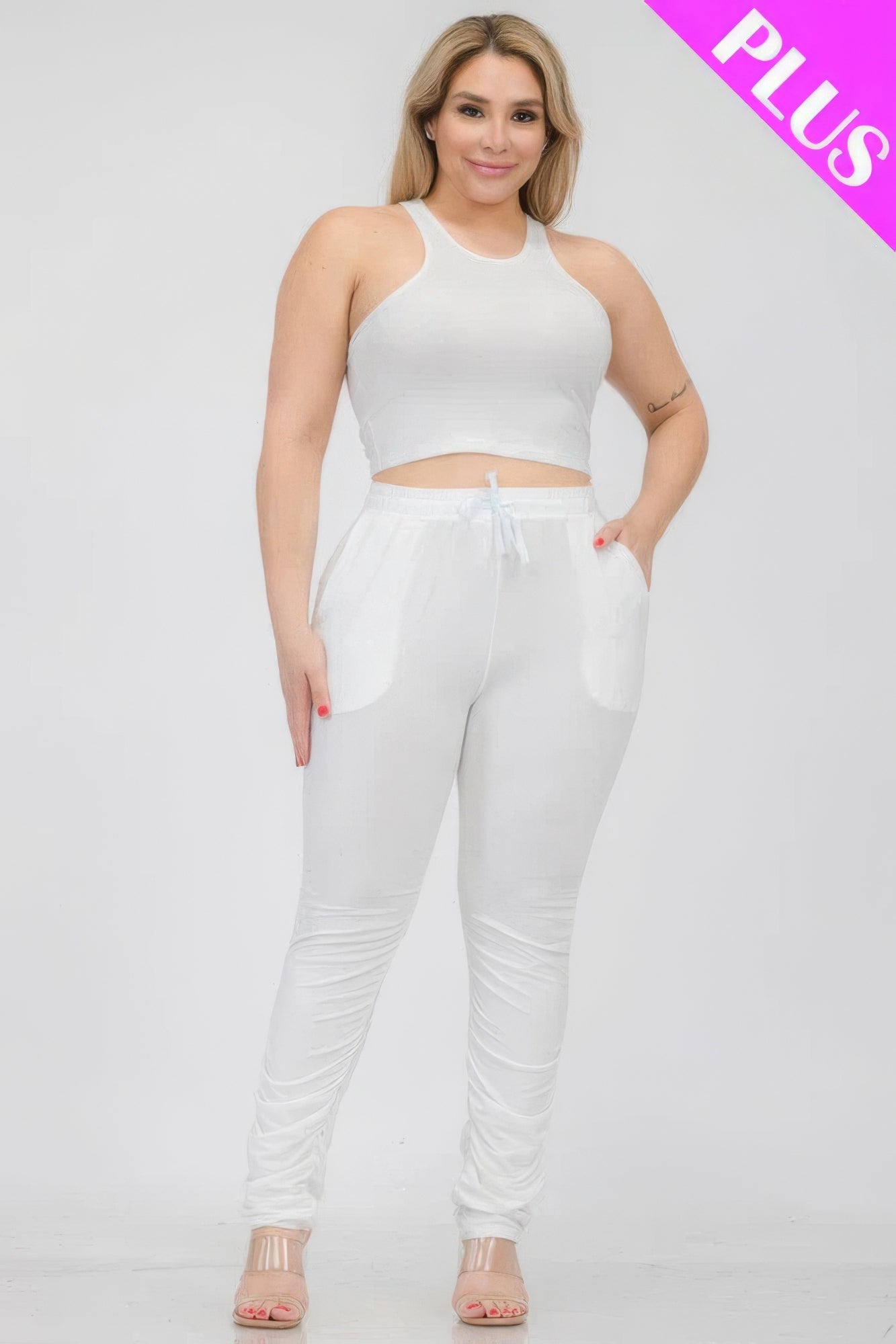 Plus Size Crop Tank Top & Ruched Pants Set - BaeDrip