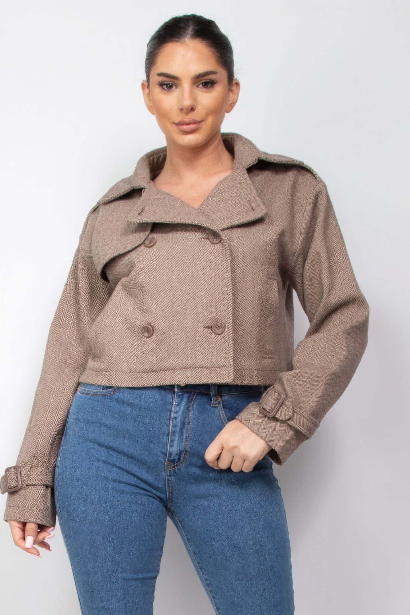 Notch Buckled Sleeve Crop Trench Coat - BaeDrip