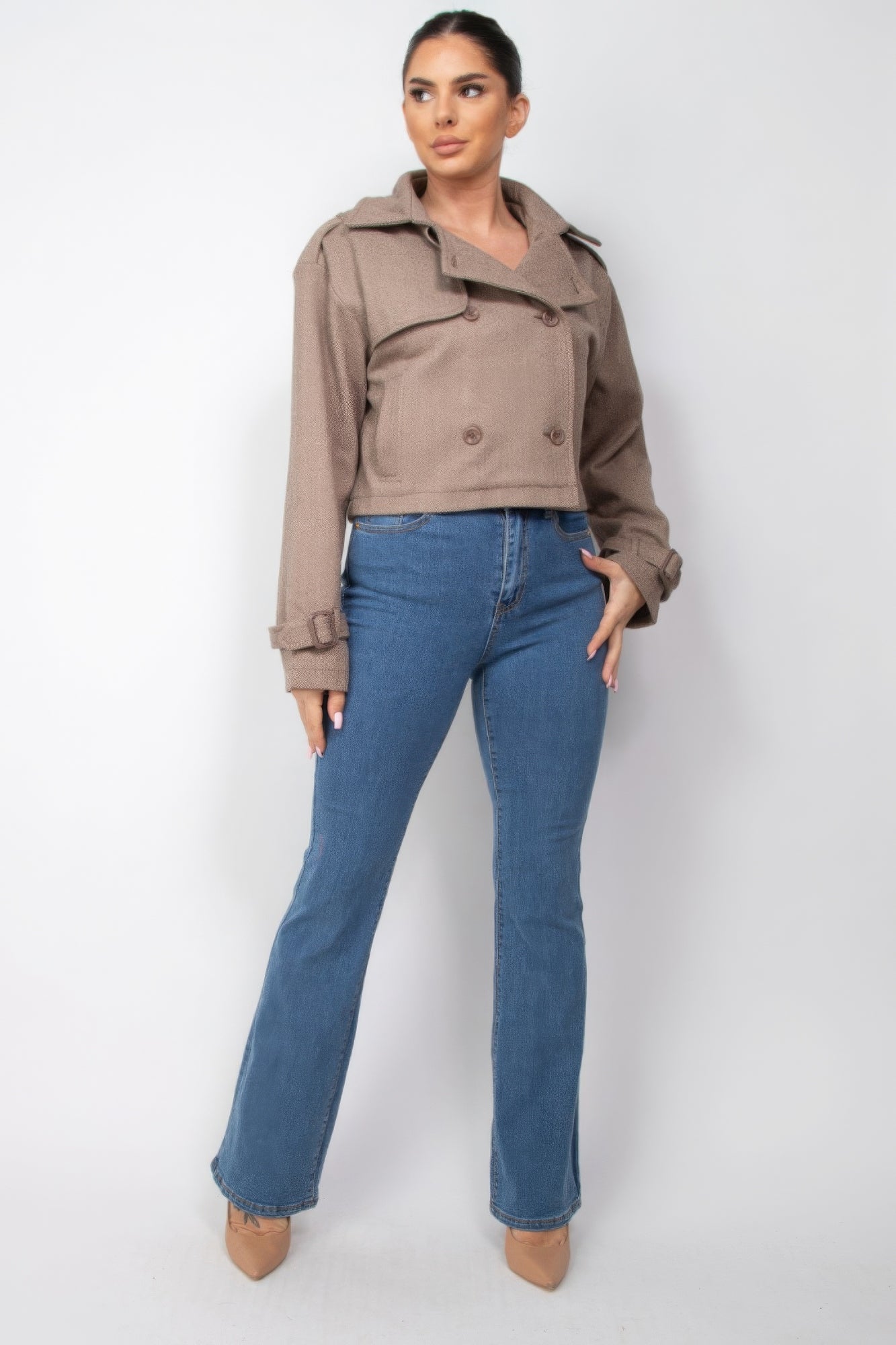 Notch Buckled Sleeve Crop Trench Coat - BaeDrip