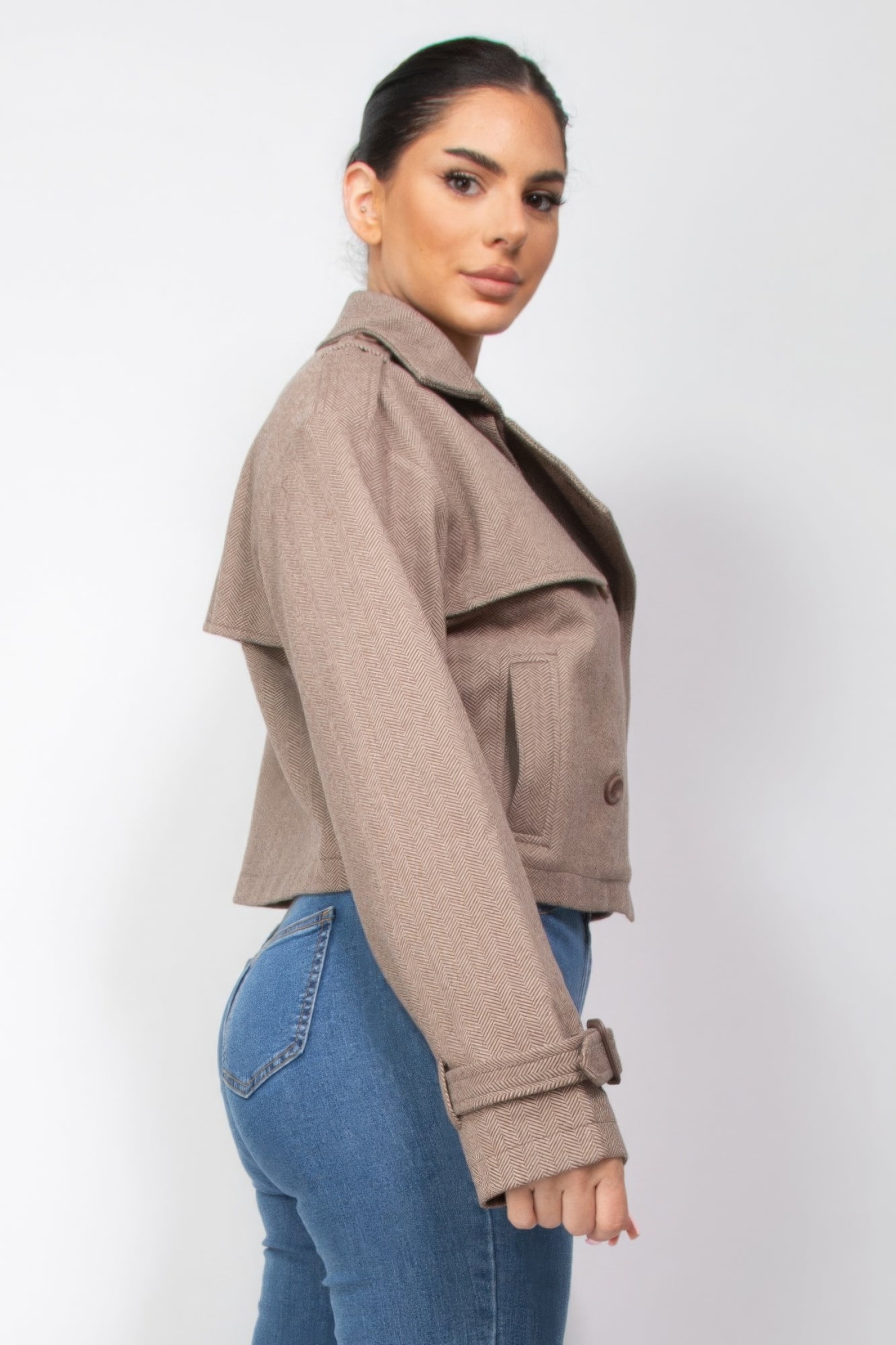 Notch Buckled Sleeve Crop Trench Coat - BaeDrip