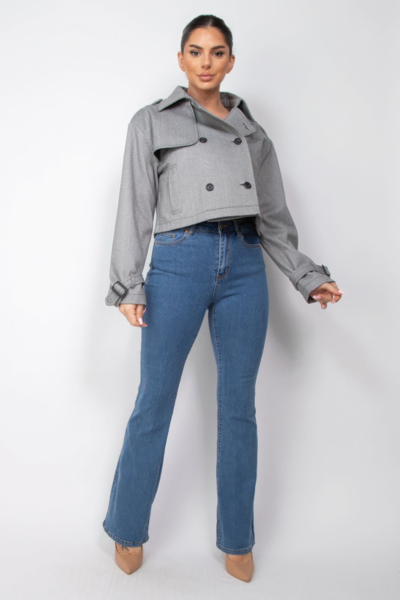 Notch Buckled Sleeve Crop Trench Coat - BaeDrip