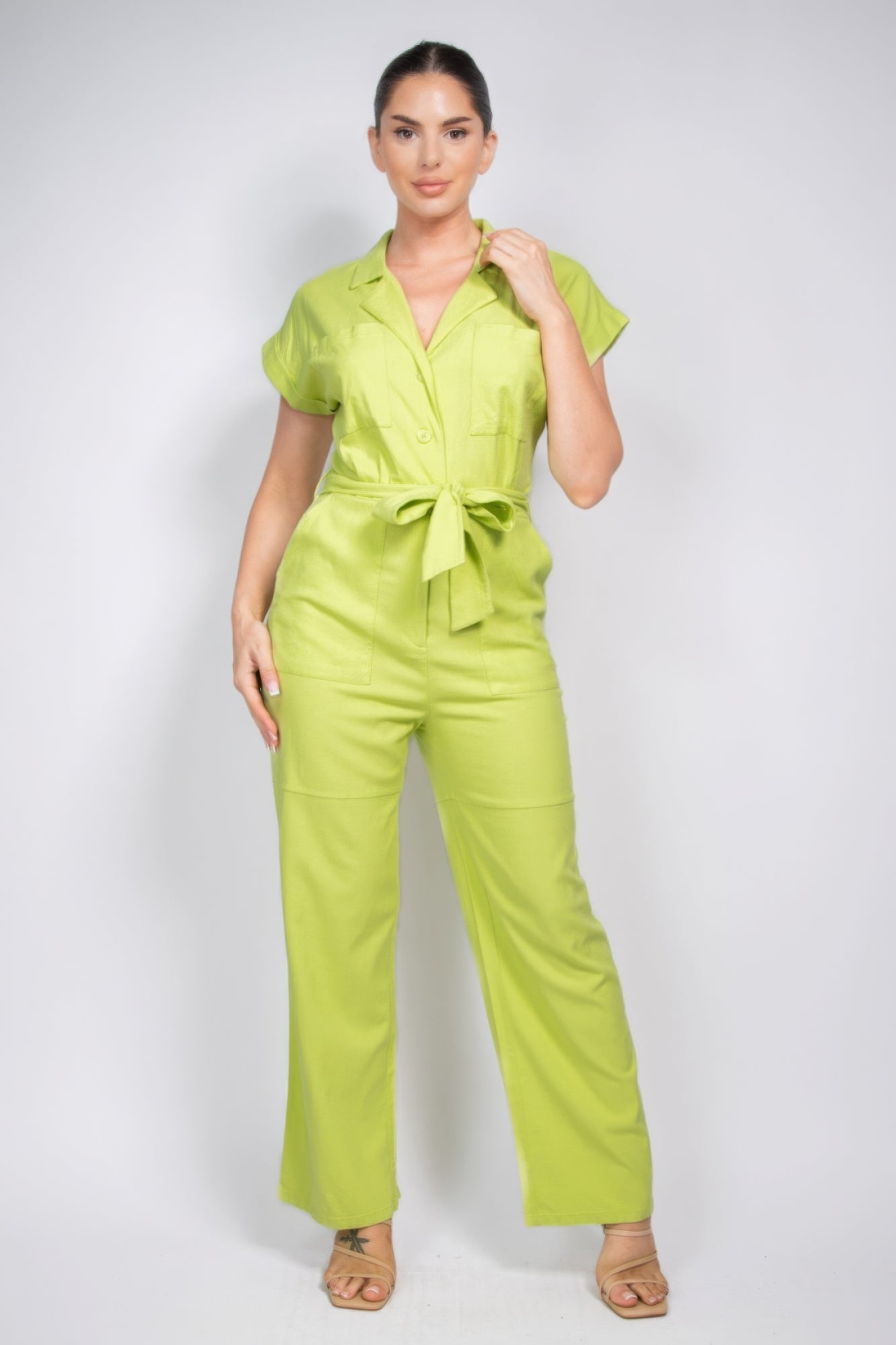 Belted Button-down Linen Jumpsuit - BaeDrip