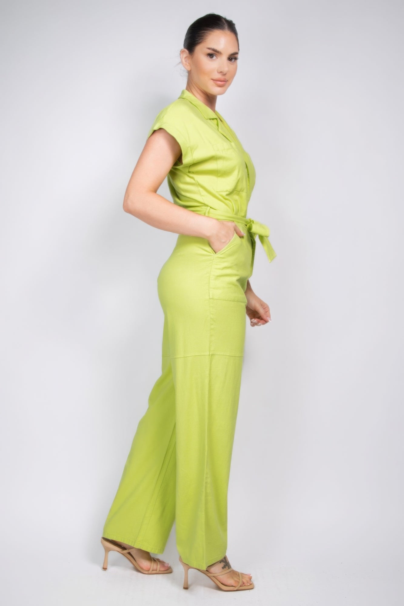 Belted Button-down Linen Jumpsuit - BaeDrip