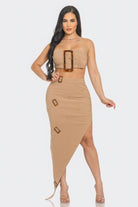 Front Eyelet Buckle Belt Top And Skirt Set - BaeDrip