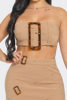 Front Eyelet Buckle Belt Top And Skirt Set - BaeDrip