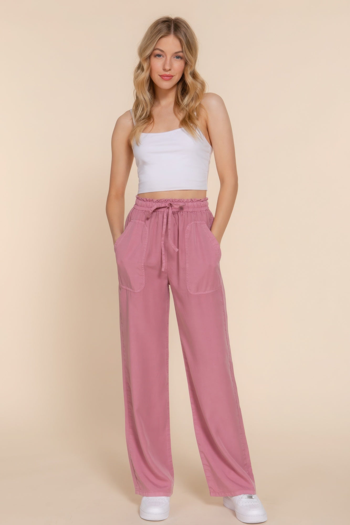 Elastic Waist Tencel Long Pants - BaeDrip