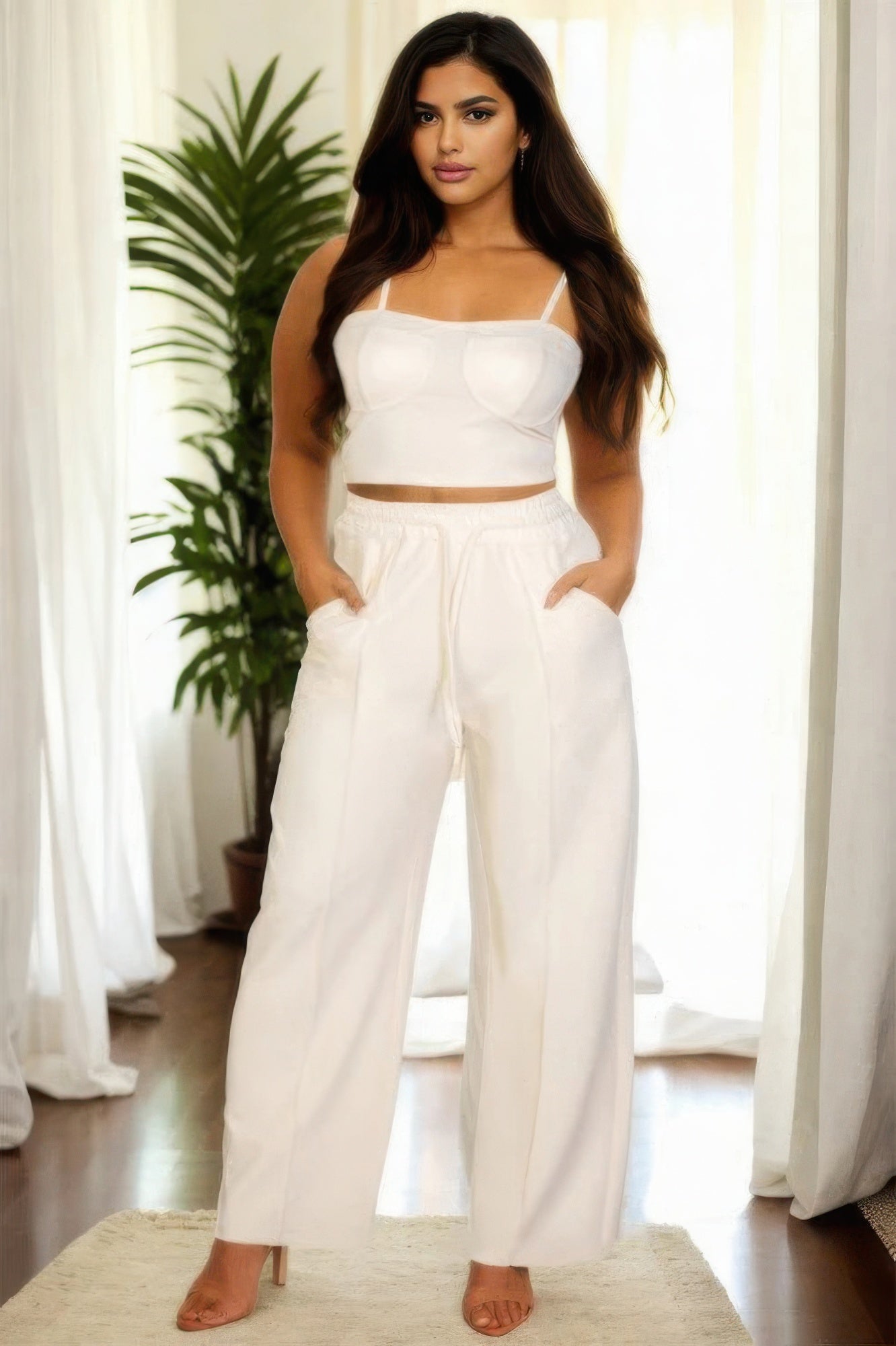 Plus Bustier Crop Cami Top & Slant Pocket Straight Pants - BaeDrip