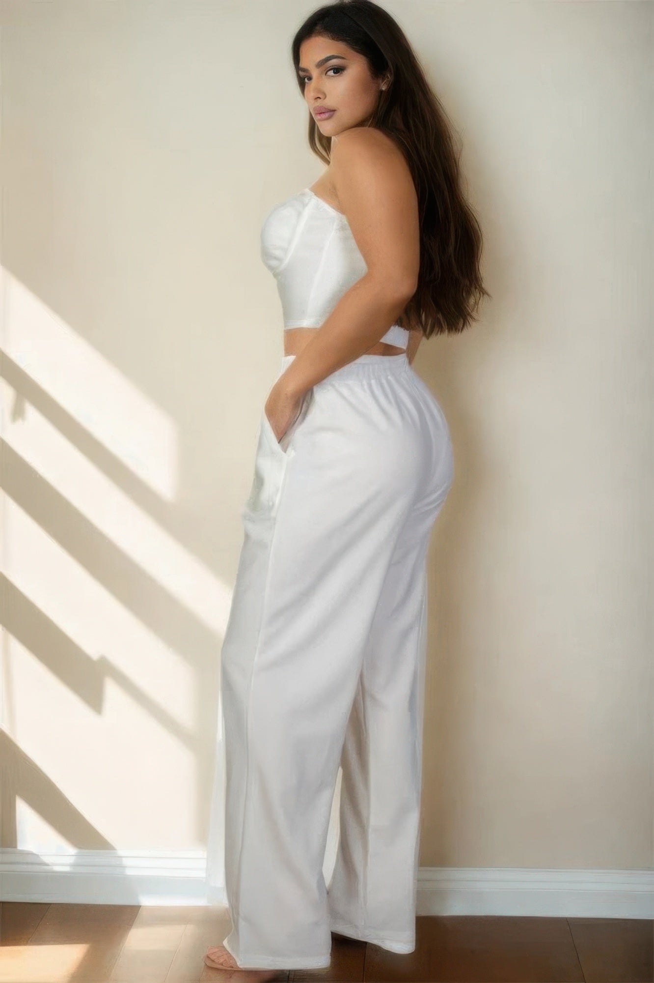 Plus Bustier Crop Cami Top & Slant Pocket Straight Pants - BaeDrip
