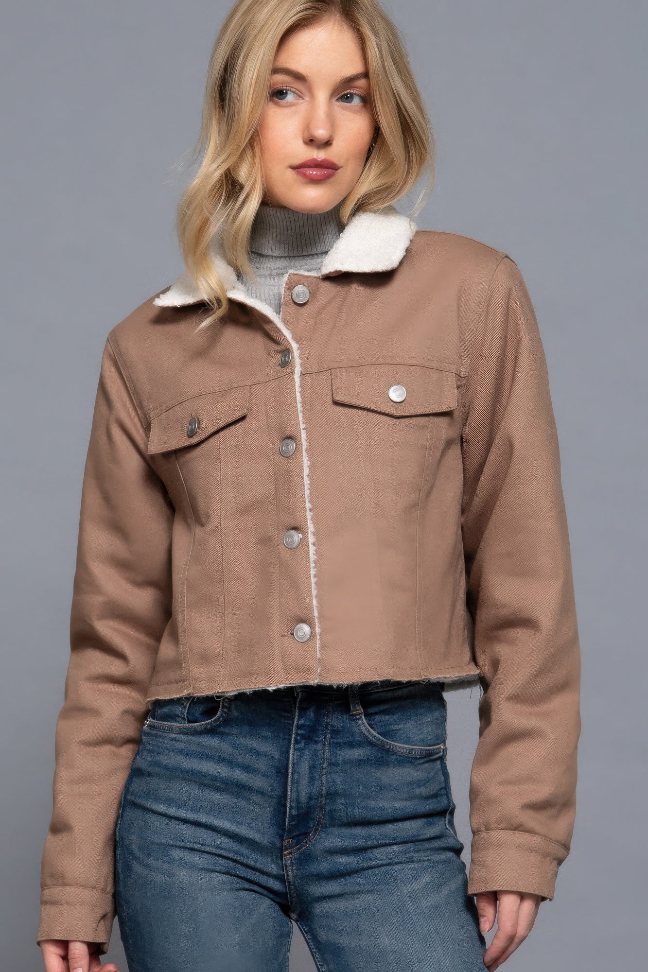 Button Closure Sherpa-lined Twill Jacket - BaeDrip