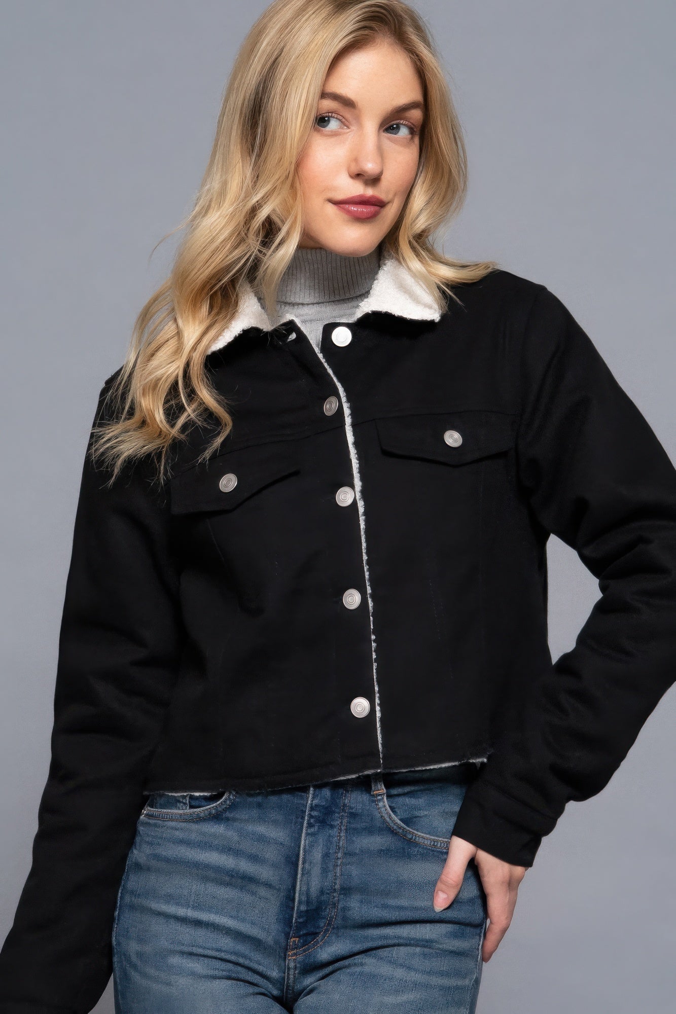 Button Closure Sherpa-lined Twill Jacket - BaeDrip