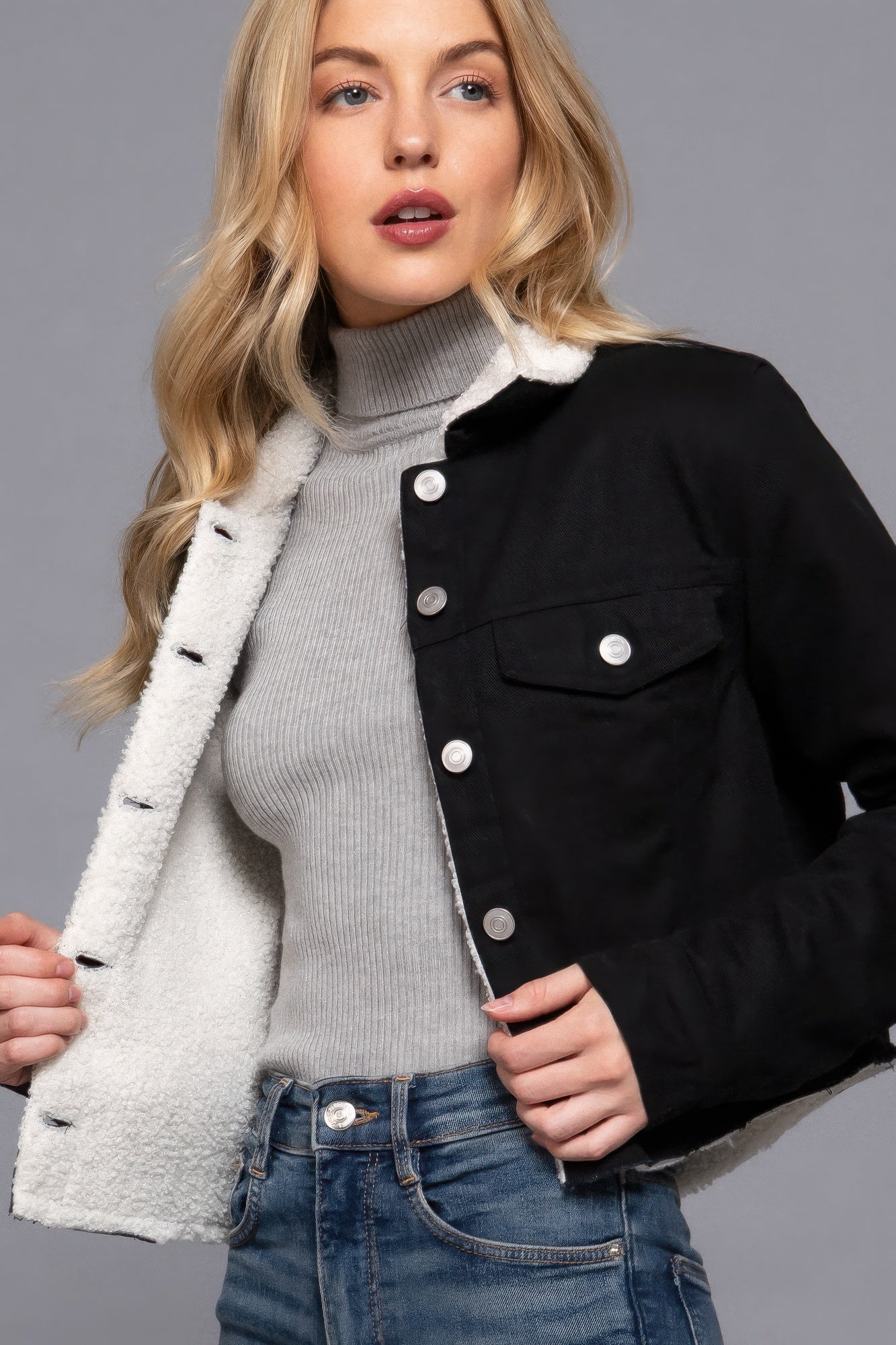 Button Closure Sherpa-lined Twill Jacket - BaeDrip