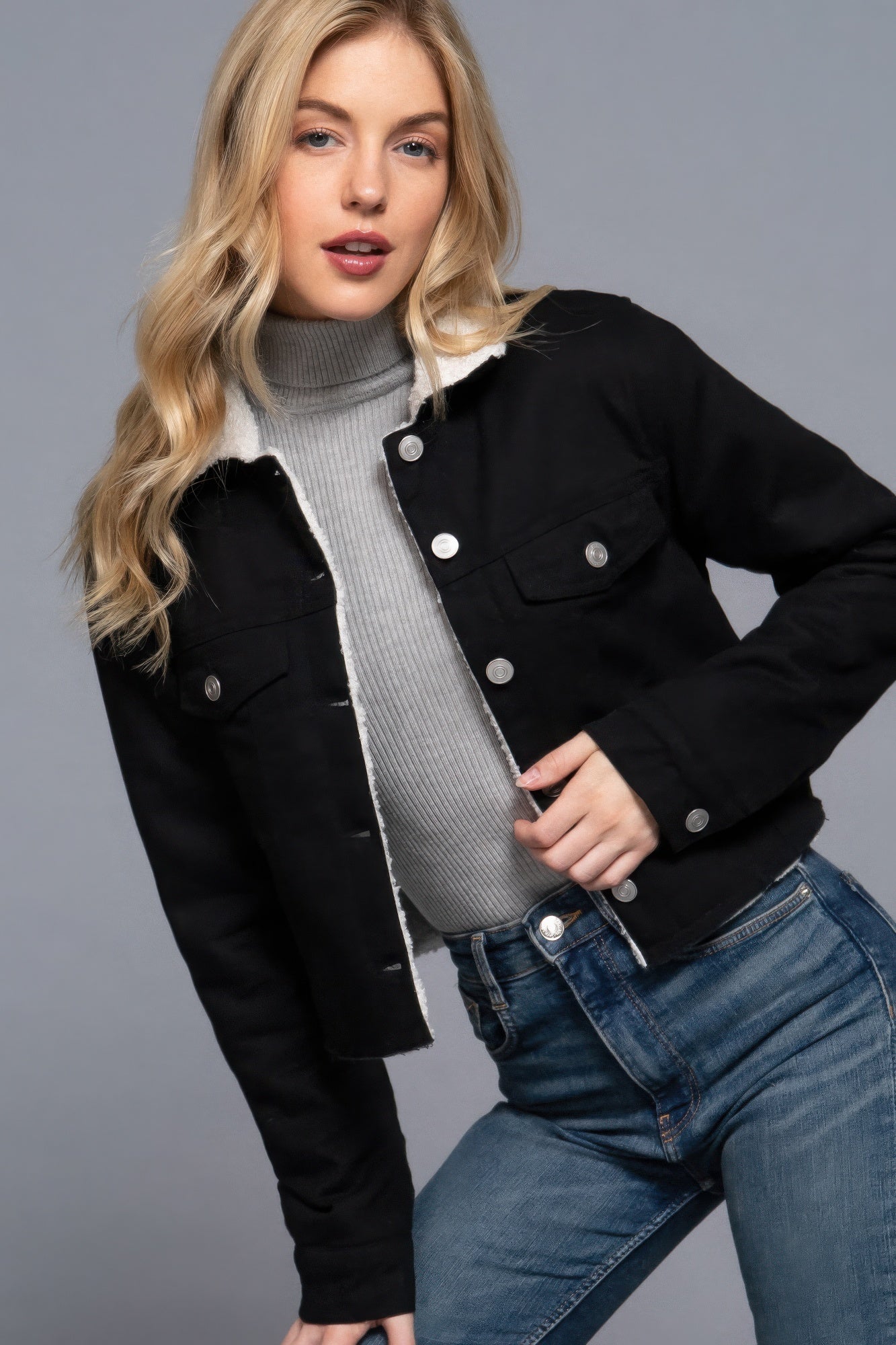 Button Closure Sherpa-lined Twill Jacket - BaeDrip