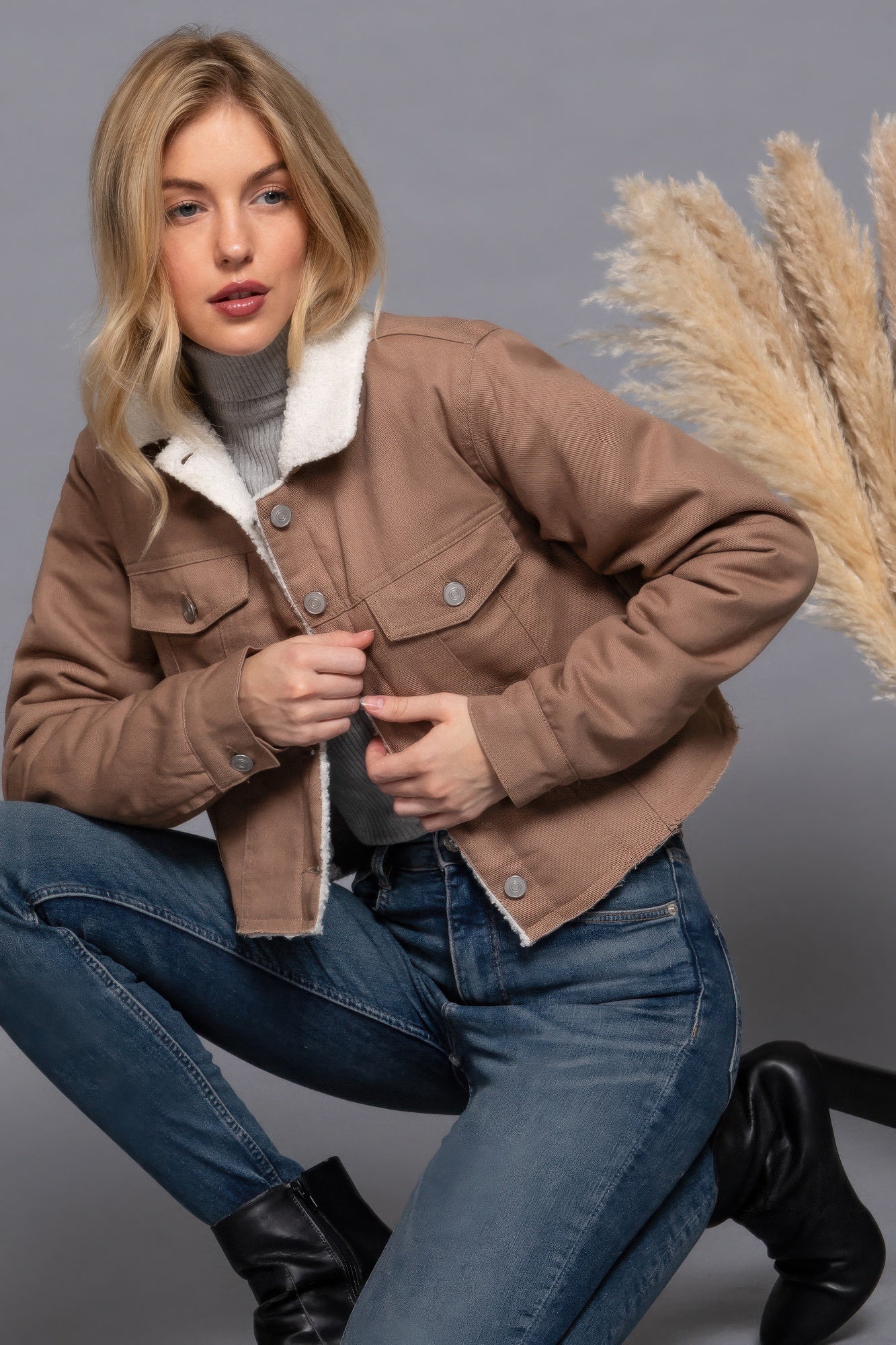 Button Closure Sherpa-lined Twill Jacket - BaeDrip