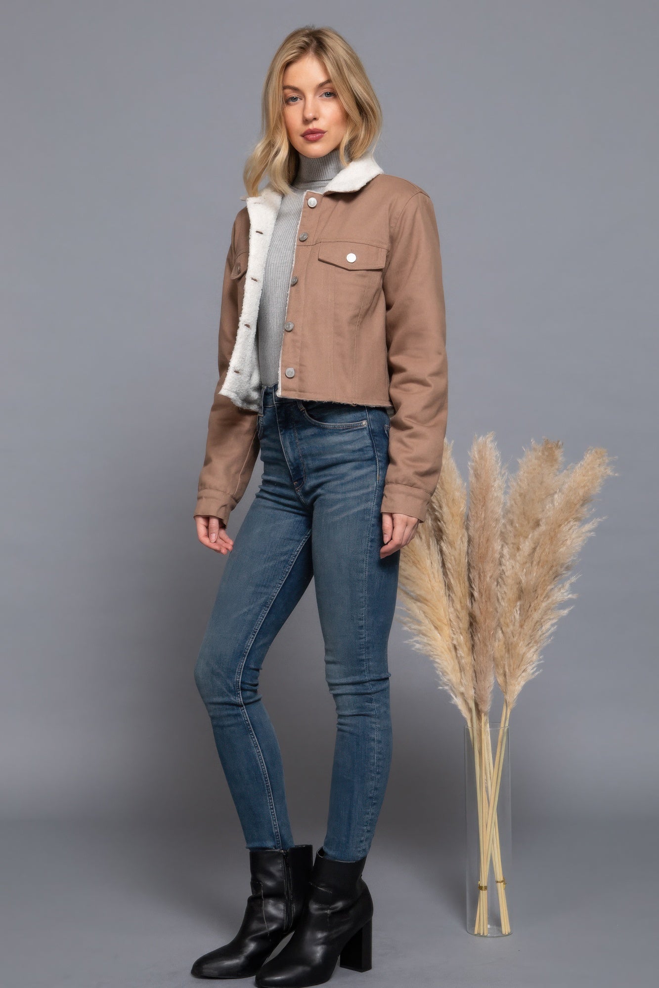 Button Closure Sherpa-lined Twill Jacket - BaeDrip