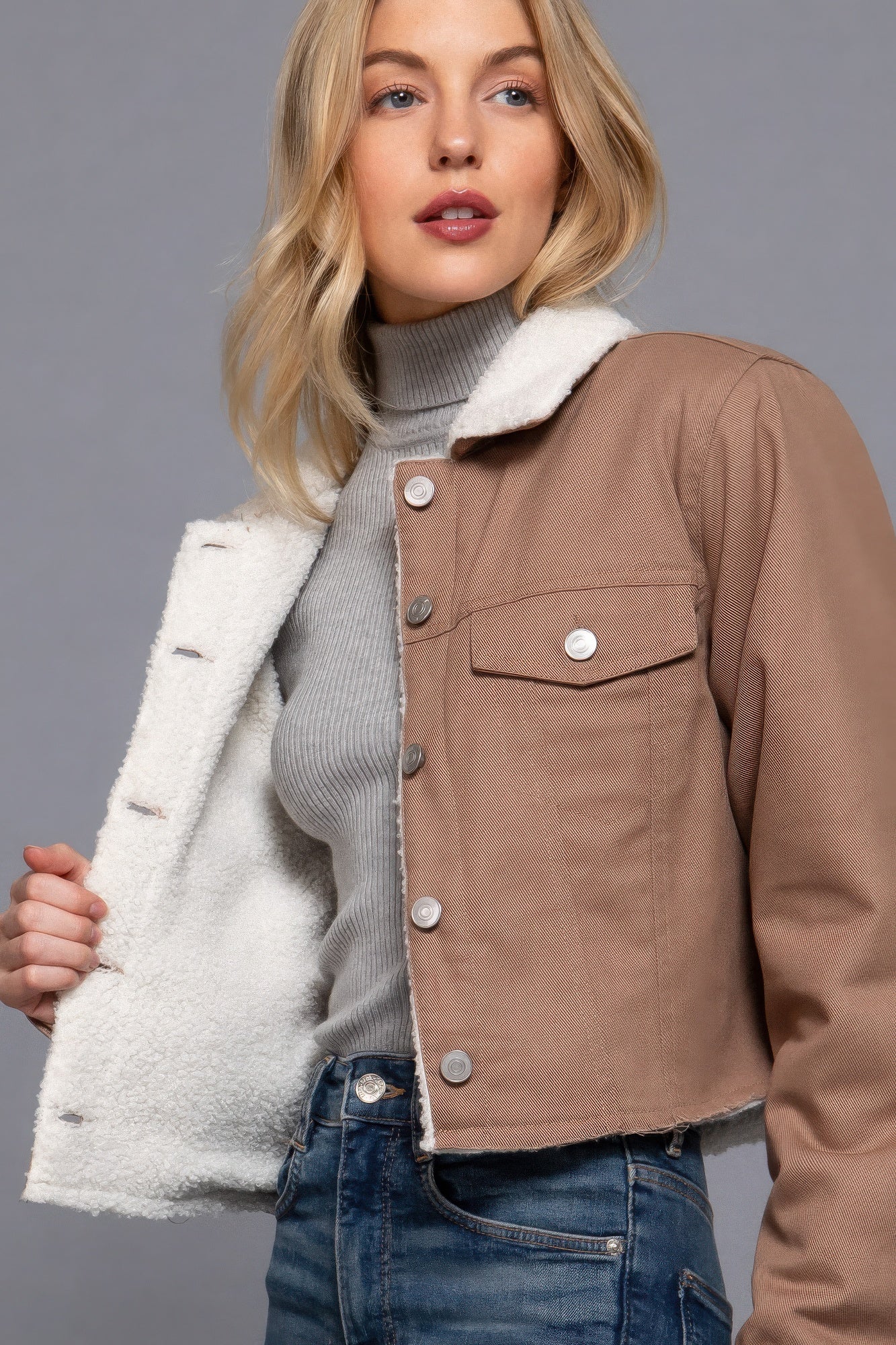 Button Closure Sherpa-lined Twill Jacket - BaeDrip