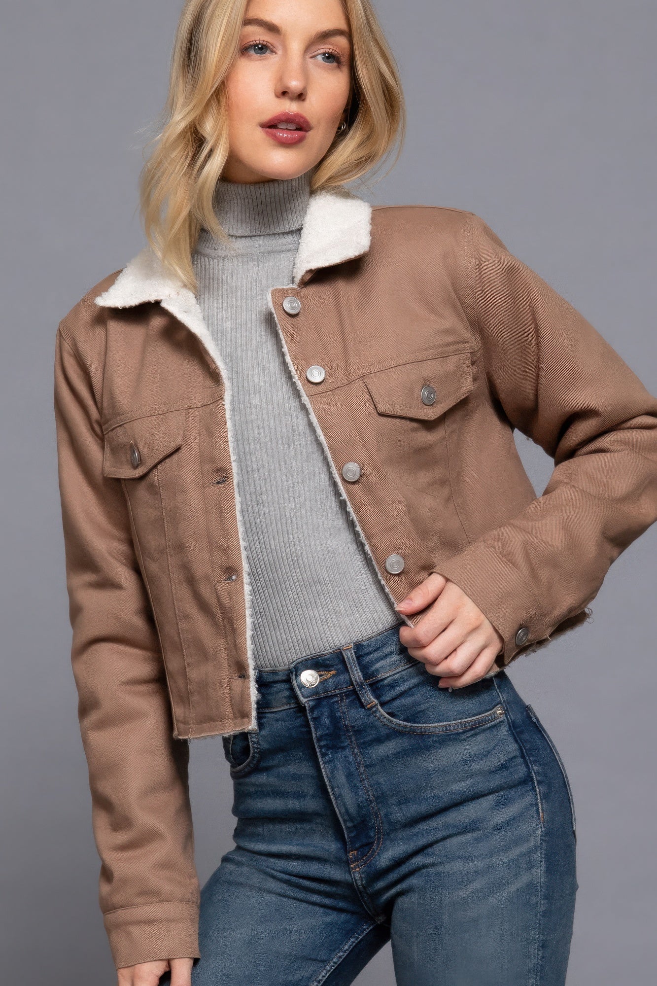 Button Closure Sherpa-lined Twill Jacket - BaeDrip