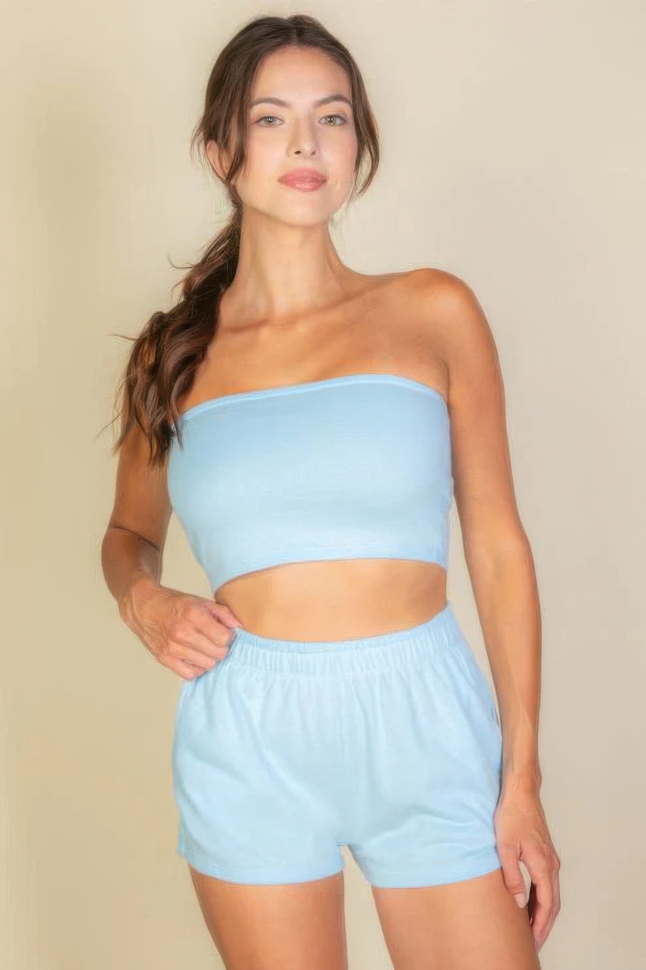 Simple Solid Color Tube Top And Shorts Two Piece Set - BaeDrip