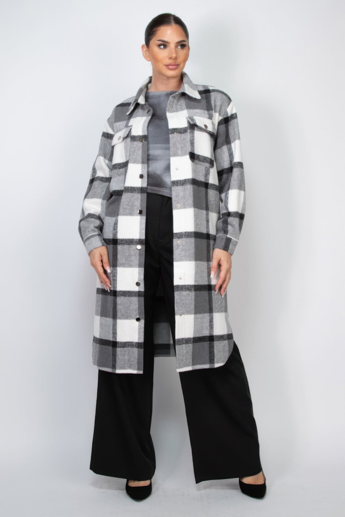 Plaid Buttoned Shacket Coat - BaeDrip