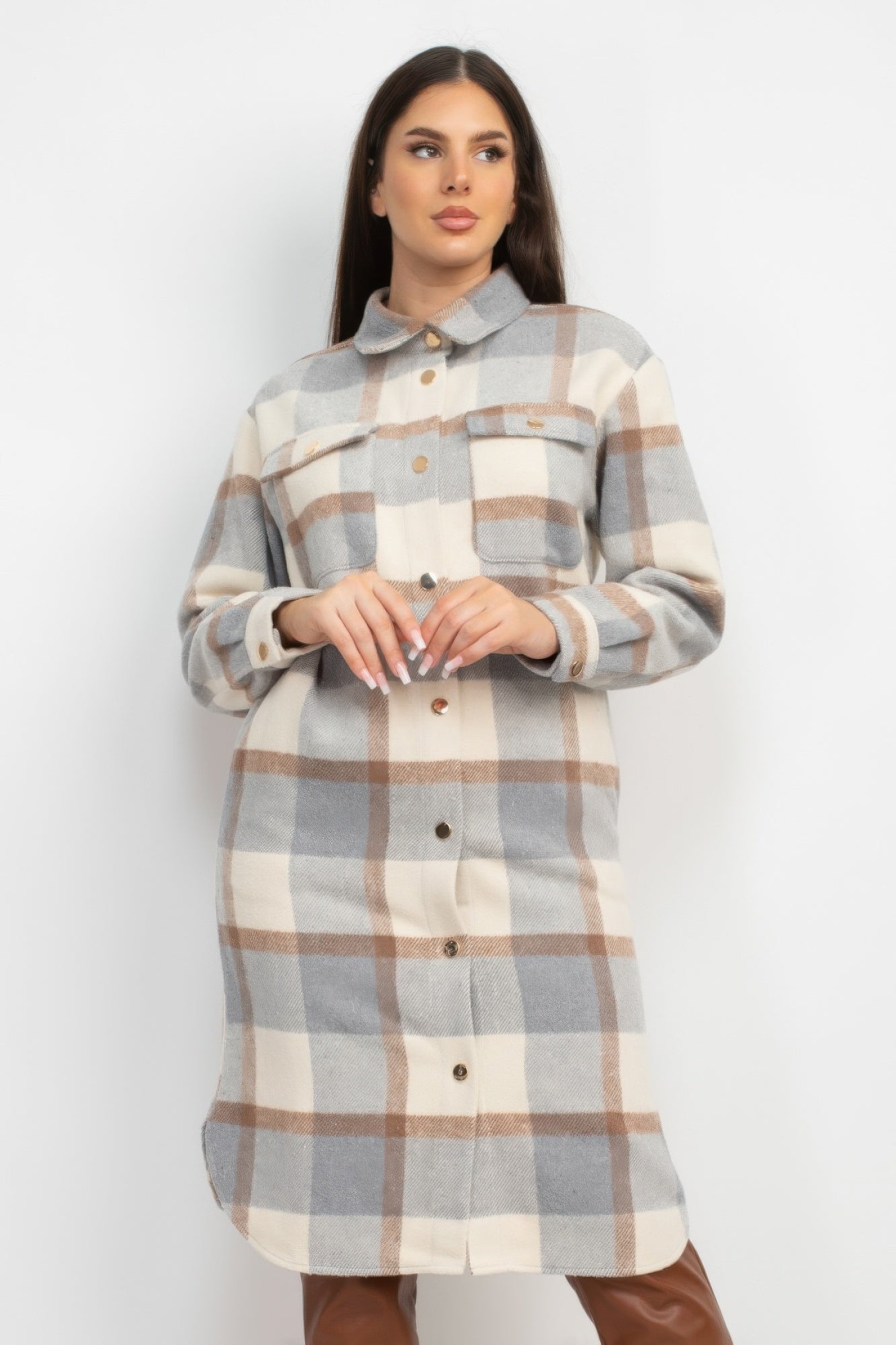 Plaid Buttoned Shacket Coat - BaeDrip