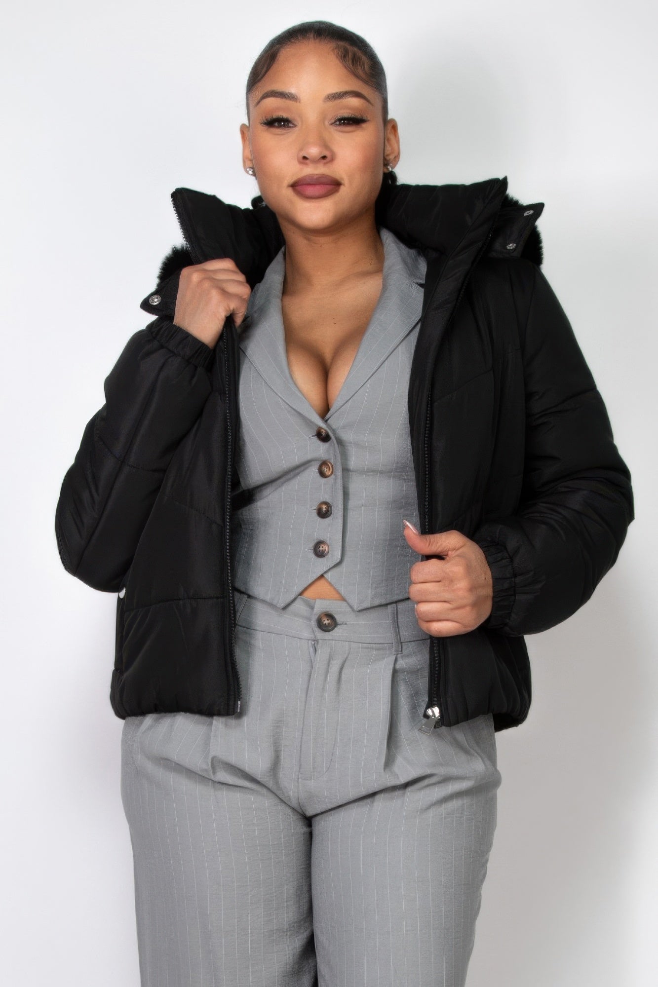 Insulated Zip-up Faux Fur Hooded Jacket - BaeDrip