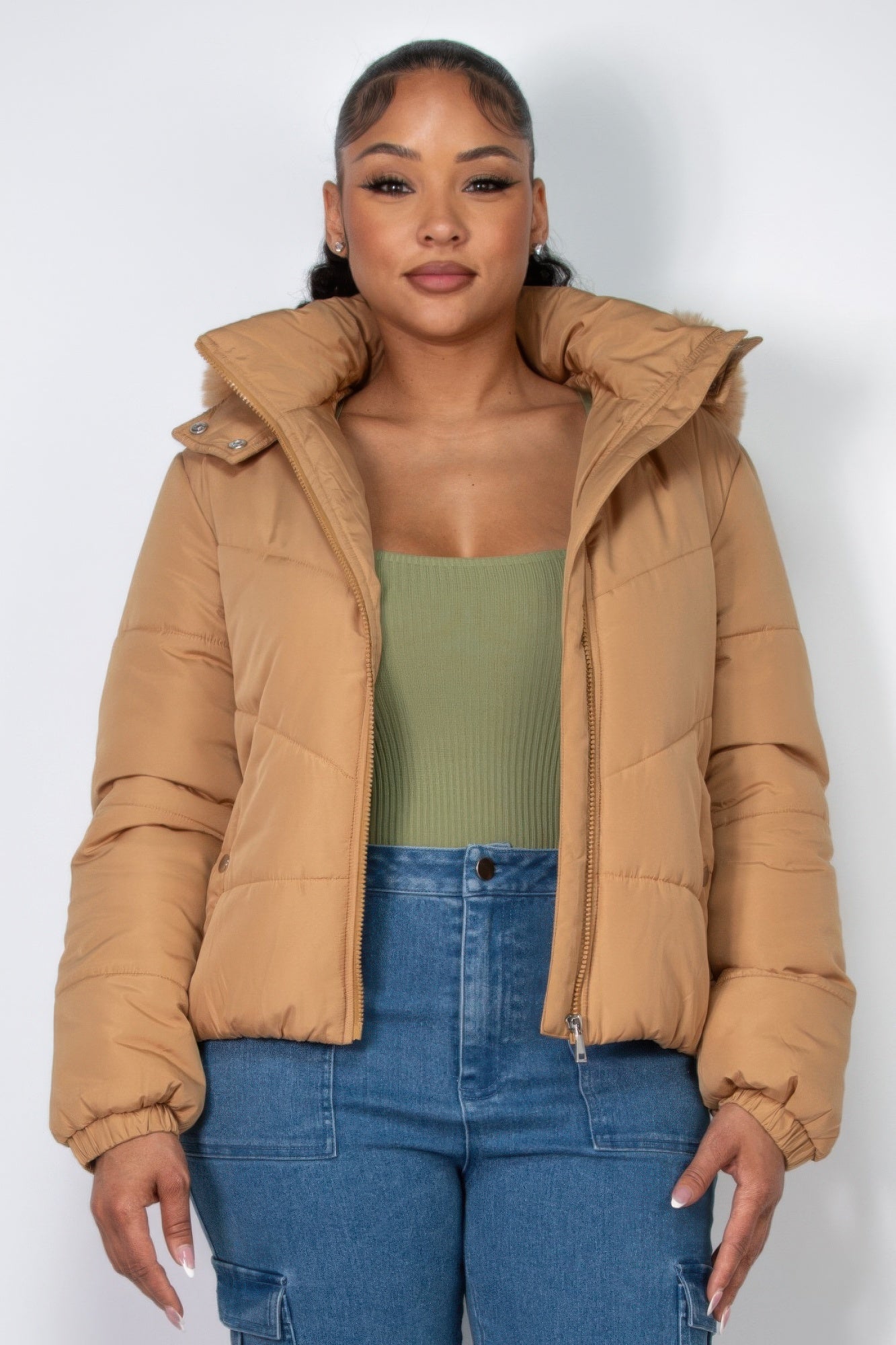 Insulated Zip-up Faux Fur Hooded Jacket - BaeDrip