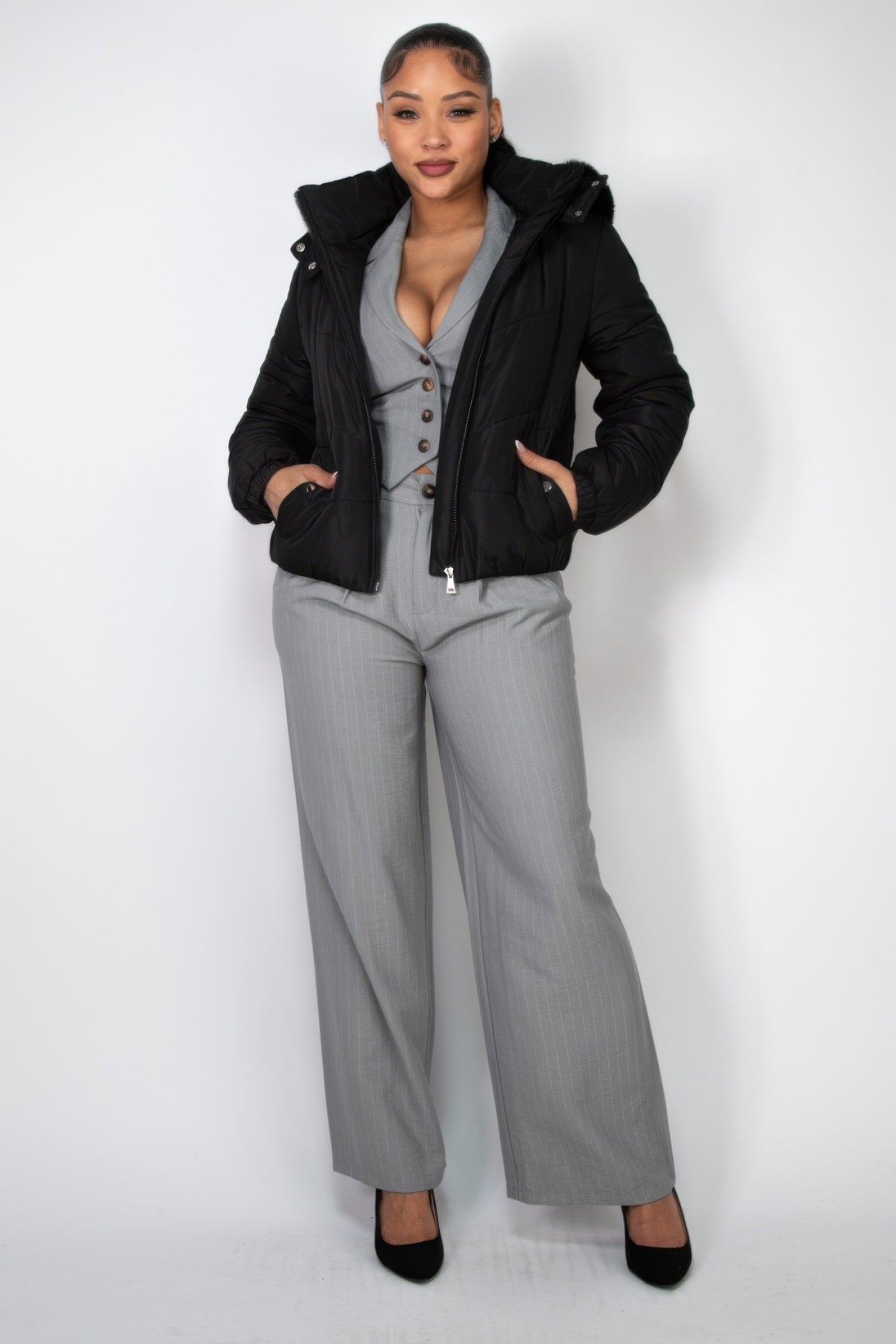 Insulated Zip-up Faux Fur Hooded Jacket - BaeDrip
