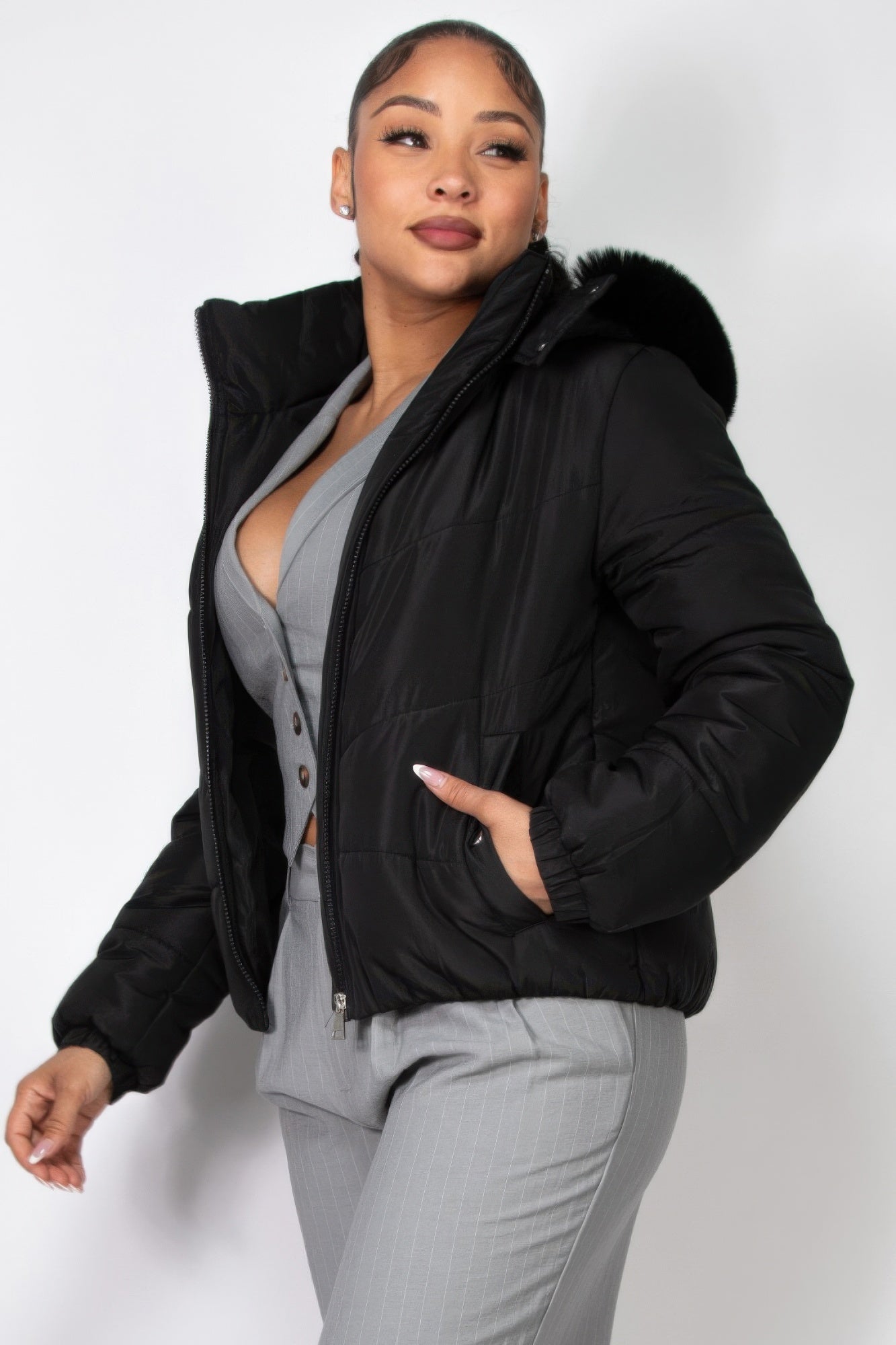 Insulated Zip-up Faux Fur Hooded Jacket - BaeDrip