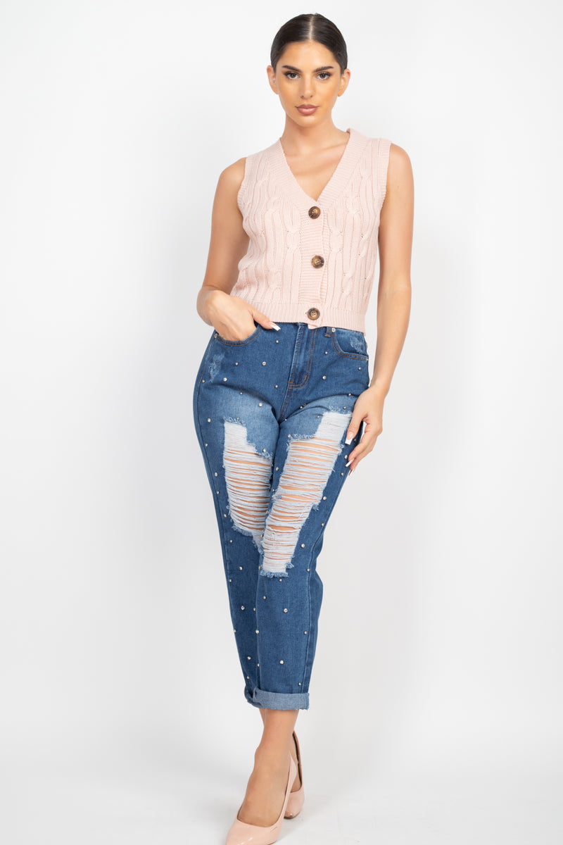 Rhinestones Ripped-front Denim Jeans - BaeDrip