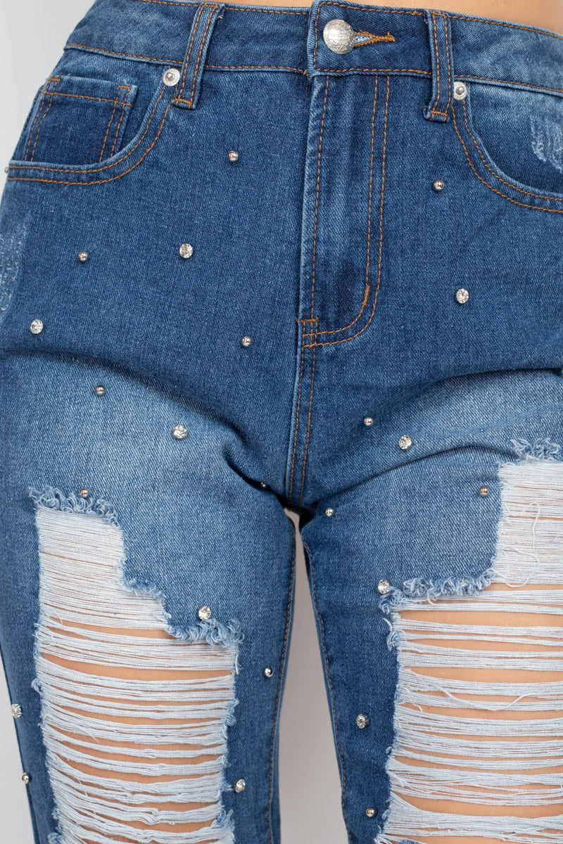 Rhinestones Ripped-front Denim Jeans - BaeDrip