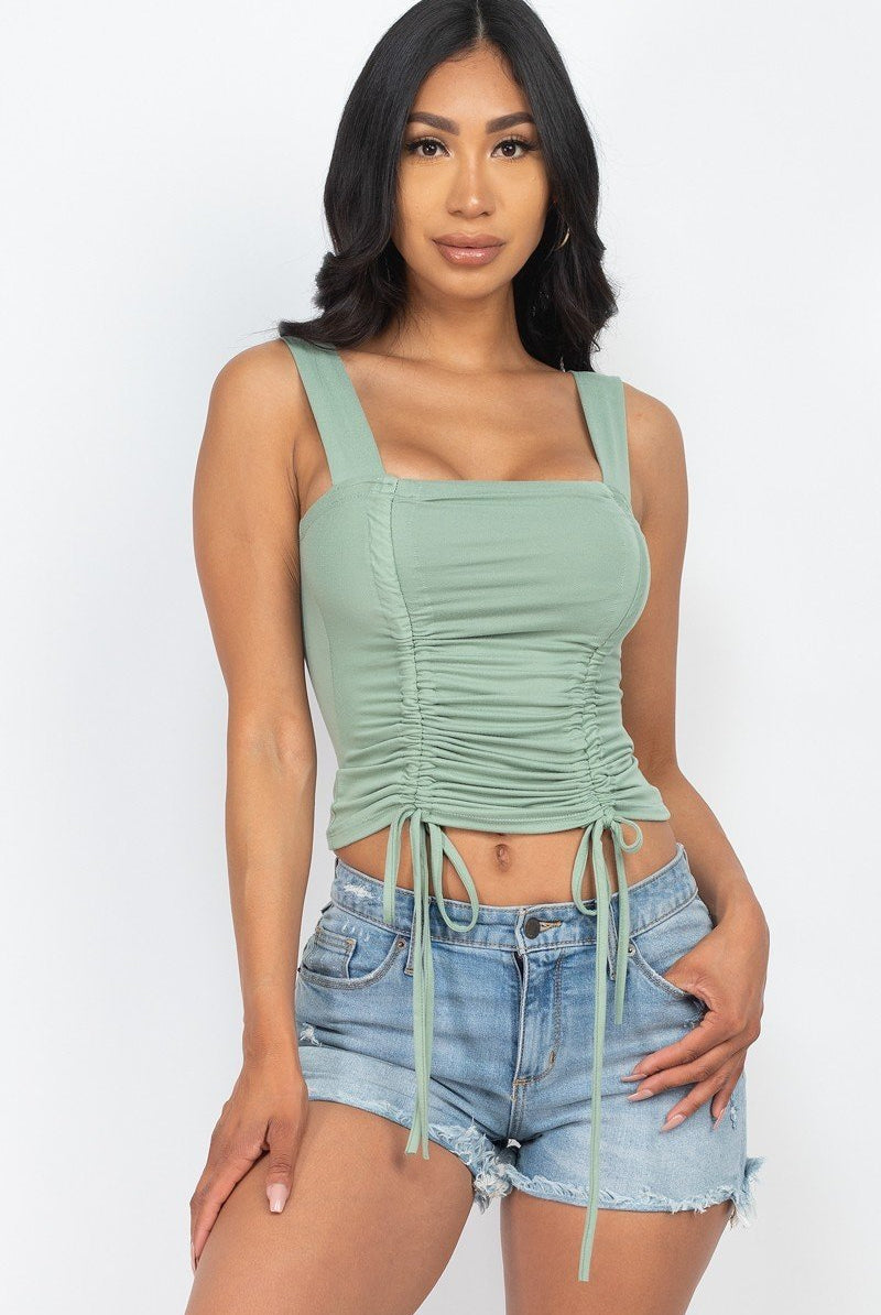 Adjustable Front Ruched With String Square Neck Crop Tops - BaeDrip