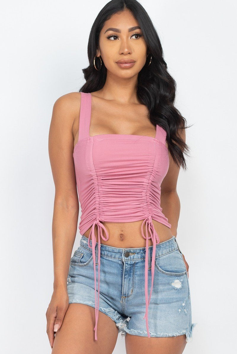 Adjustable Front Ruched With String Square Neck Crop Tops - BaeDrip