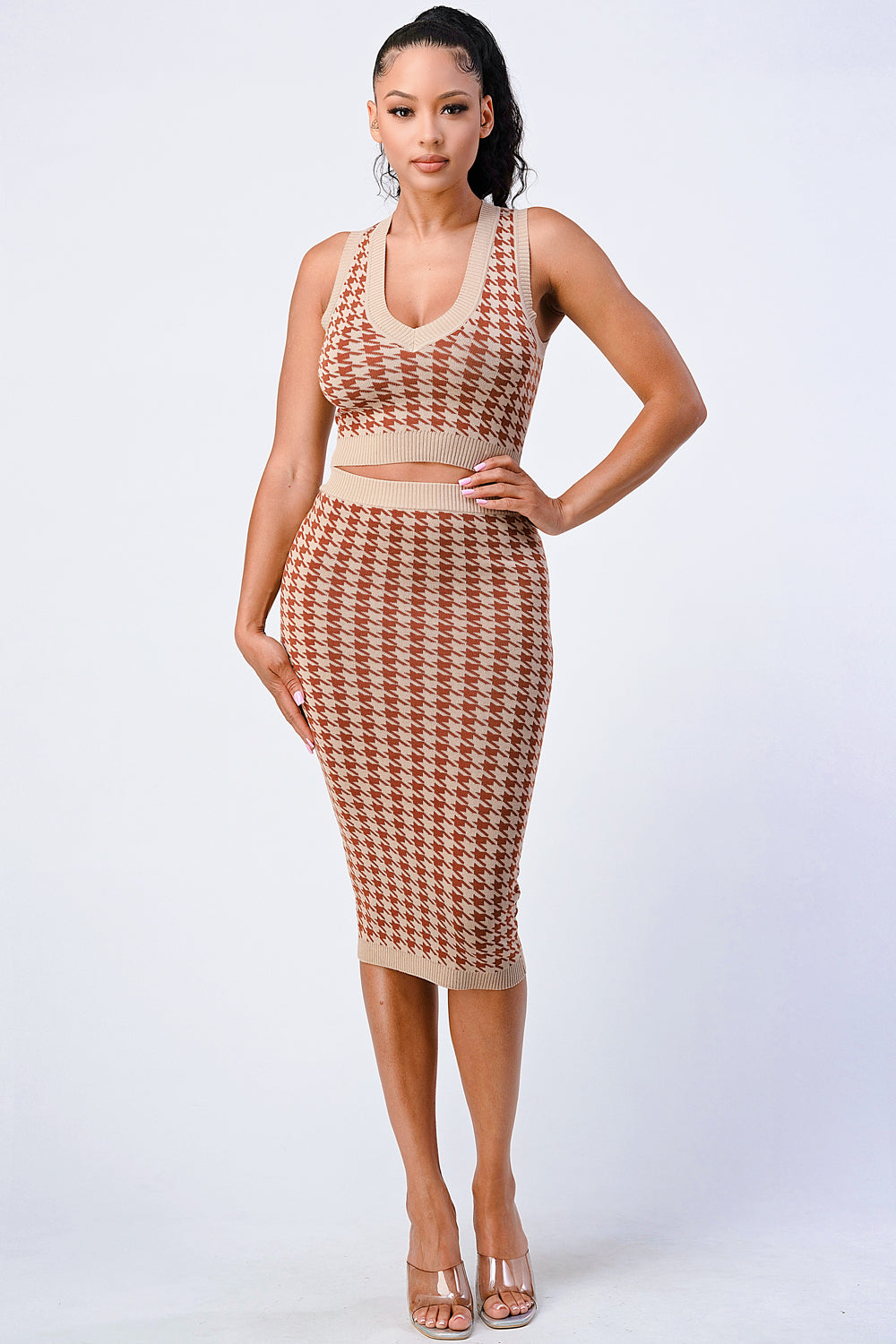 Luxe Gingham Rib Knit Top And Skirt Sets - BaeDrip