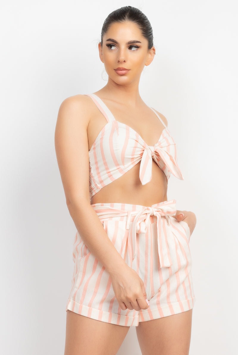 Tie-front Striped Crop Top & Belted Shorts Set - BaeDrip