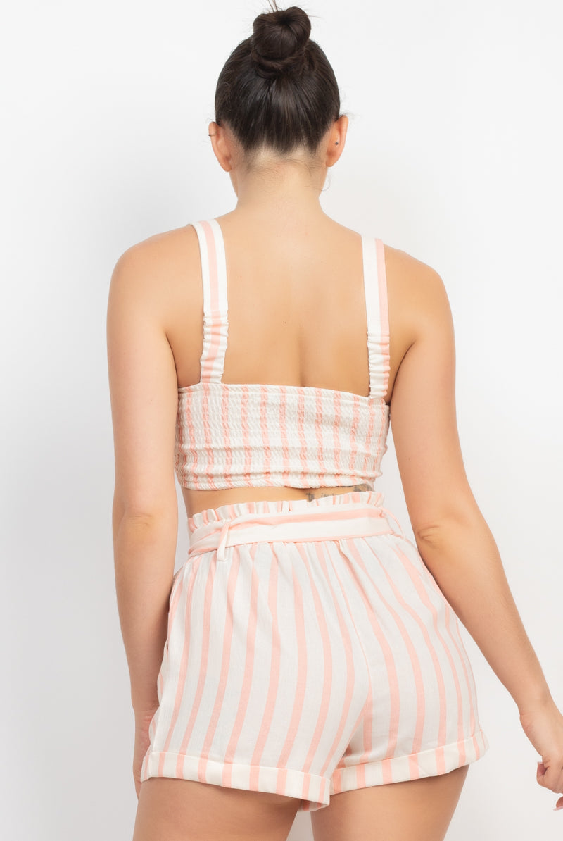 Tie-front Striped Crop Top & Belted Shorts Set - BaeDrip