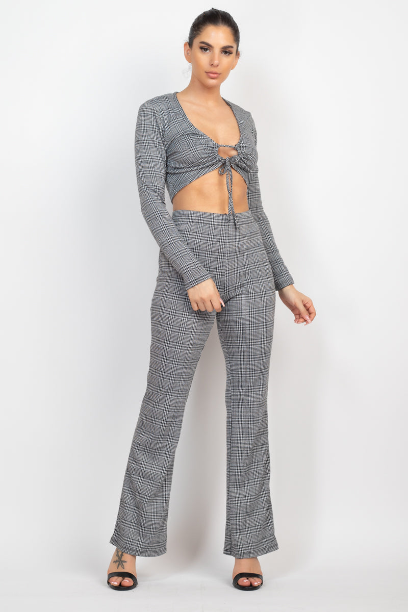 Plaid Cut-out Long Sleeve Top & Pants Set - BaeDrip