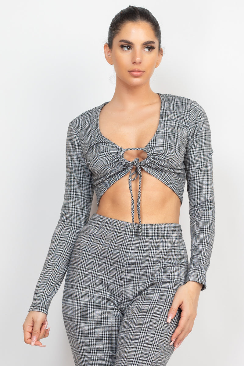 Plaid Cut-out Long Sleeve Top & Pants Set - BaeDrip