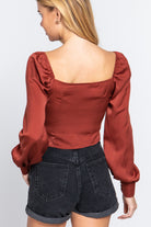 Long Sleeve Sweetheart Neck Front Ribbon Tie Detail Woven Top - BaeDrip