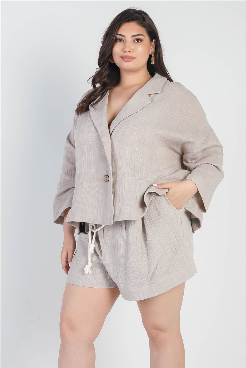 Plus Grey Button-up Collared Neck Blazer High Waist Shorts Set - BaeDrip