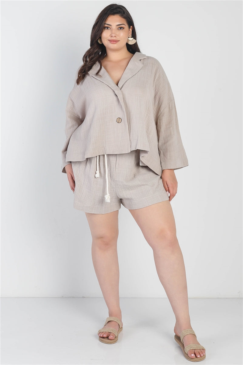 Plus Grey Button-up Collared Neck Blazer High Waist Shorts Set - BaeDrip