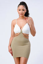 Multi Fabric Bralette Side Cutout With Gold Chain Zipper Closure Back Bodycon Mini Dress - BaeDrip