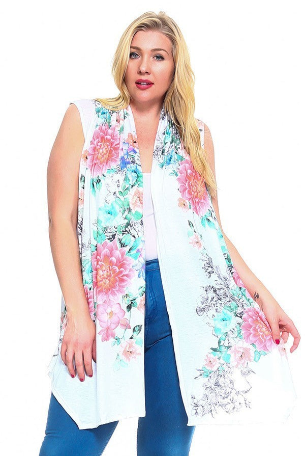 Floral Print, Open Front Vest With An Asymmetric Hem. - BaeDrip